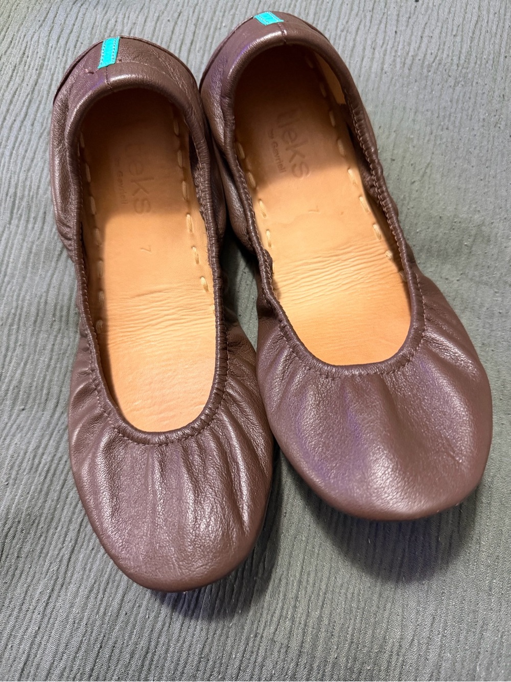 Tieks Brown Leather Ballet Flats with Teal Pull Tab